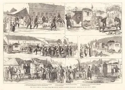 The War İn Servia-Four Days With The British National Society's Transport-1.Bringing Wounded From The Hospitals To The inn Yard At Paratjin 2.Scene in The inn Yard, Baron Mundy Superintending 3.Ambulance Starting From Paratjin For Semendria 4.Mr.Kennett Buying Grapes For The Wounded On The Road 5.Dinner At Oratchia 6.Arrival At Semendria