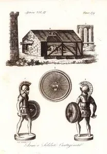 Soldati E Armi Di Cartagine, Africa Vol.II. Tav.59. (Soldiers And Weapons Of Carthage-1.2. Carthaginian Soldiers in Breastplate And Helmet 3.Hannibal Screen 4.War Machine)