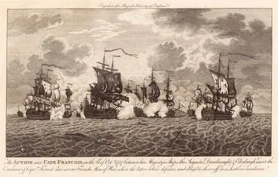 The Action Near Cape Francois On The 21. Oct. 1757 Between His Majesty's Ships The Augusta Dreadnought & Edinburgh Under The Command Of Capt. Forrest And Seven French Men of War, When The Latter Were Defeated And Oblig'd To Sheer Off in A Shattered Condition