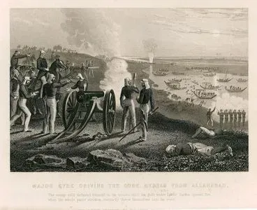Major Eyre Driving The Oude Rebels From Allahabad-The enemy still defended himself to the utmost, until the guns under Lieut. Gordon opened fire, when the rebels, panic stricken, instantly threw themselves into the river
