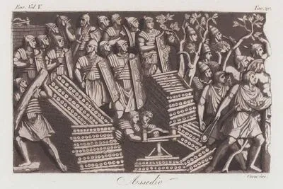 Assedio, Eur. Vol V. Tav.20. (Lorica Armored, Shielded, Speared, and Galea Helmeted Roman Legionnaires During a Siege From Trajan’s Column in Rome)