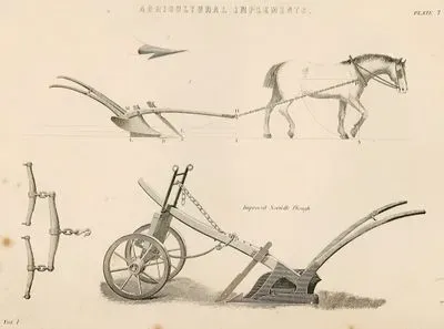 Agricultural implements- Plough and Improved Norfolk Plough, Plate 6. Vol I.