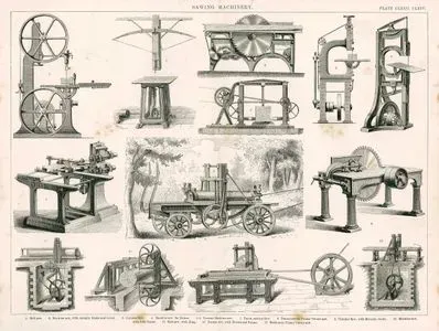 Sawing Machinery-1.Belt Saw 2.Machine Saw With Straight Blade And Lever 3.Circular Saw 4.Machine Saw For Stones 5.6.Vertical Machine Saw 7.Tenon Cutting Saw 8.Transportable Frame Veneer Saw 9.Circular Saw With Movable Guide 10.Machine Saw With Side Frame 11.Belt saw With Diag 12.Veener Saw With Horizontal Frame 13.Stationary Frame Veneer Saw Plate CLXIII. CLXIV.