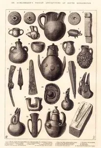Dr Schliemann's Trojan Antiquities at South Kensington-1.2.3."Whorls" incised Sacred Emblems...  4.Silver Jug Which Contain Golden Trinkets 5.Whetstone With inscriptions 6.7.Terra Cotta Figures of Animals 8.-11.Perforated Pottery 12.Terra Cotta Jugs 13.Minerva Vase (The Homeric Glaucopis) 14.Bronze Axe 15.Bronze Dagger 16.Bronze Axe 17.Bronze Lance 18.Double Jag Of Terra Cotta 19.Terra Cotta Vessel With Three Spouts 20.Copper Shield 21.22.Terra Cotta Jugs With Double Mouth 23. Terra Cotta Vase With Two Handles 24. Terra Cotta Vase With Cover 25.Slate Mould For Casting Bronze Weapons