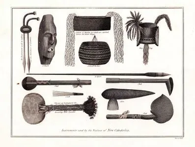 Instruments Used By The Natives Of New Caledonia-An instrument Used in Taking Out The intestines Of Enemies, A Mask, A Kind of Basket in Which Are Carried Stones For Their Slings, A Hand Basket, War Cap, Weapons-Spear, Club, Comb, Adze, Nbouet, An instrument For Dissecting Their Enemies
