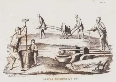Aratro, Seminatojo EC., Tav.43. (Chinese Agriculture-1.Peasants Planting a Field With a Seeding Machine 2.Man Irrigating a Field on a Water Pump 3.Man Operating a Toothed Milling Machine to Remove the Husk From the Rice 4.Plow. )