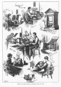 Sketches At The Central Telegraph Establishment, General Post Office-Single Needle, Automatic, Old Double Needle or Cottage, Hughes Type Printing, Pneumatic Puncher, American Sounder and Direct Writer