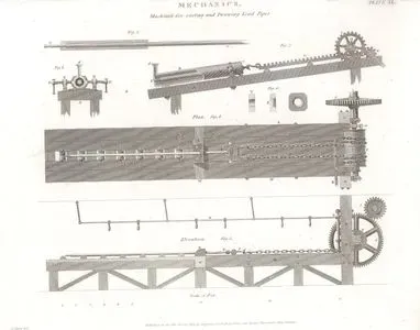 Mechanics, Machines For Casting And Drawing Lead Pipes, Plan, Elevation, Scale Of Feet, Plate XL