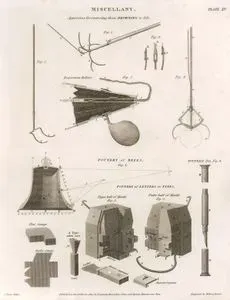 Miscellany, Apparatus For Restoring Those Drowning To Life, Foundry Of Bells, Foundry Of Letters of Types, Fountain Pen, Plate XV.