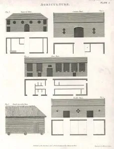 Agriculture, improved Barn, Common Barn, Open Barn, Dutch Moveable Barn, Double Barn, Plate I.