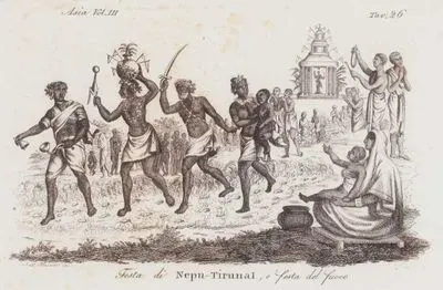 Festa Di Nepu-Tiru O Festa Del Fuoco, Asia Vol. III. Tav. 26. (Fire Walkers in Honor of Goddess Draupadi at Thimithi Festival in India)