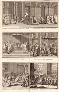 La Adoration Du Pape Sur Le Grand Autel De St. Pierre-La Adoration Du Pape Dans la Chapella-Le Couronnement Du Pape
-Les Etoupes Brulees Devant Le Pape-Les Clefs Presentee Au Pape Sous Le Vestibule De St.Jean De Latran-Les Juifs 
Presentant Le Pentateuque Au Pape Dans Le Collisee (Adoration Of The New Pope in The Great Altar Of St. Peter-The Cardinals Worship The New Pope-The Coronation Of The Pope-Round Wearing The New Pope-Offering Peter's Keys to The Pope in St. John Lateranen-Jews Have The Torah To The Pope in The Coliseum)