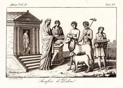 Sacrifizio Di Didone, Africa Vol.II. Tav.61. (Queen Dido of Carthage Sacrifice The Bull to Goddess Juno)