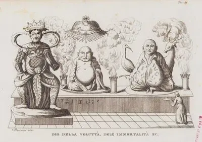 Dio Vella Volutta, Dell Immortalita Ec., Tav.31 (Statues of Chinese Deities: Kin-gan or Chin-hoan (God of Guardianship), Ni-ni-fo or Fo-tek (God of Voluptuousness) and God of Immortality With Deer and Crane)