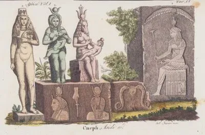 Cneph Isidi Ec., Africa Vol. I Tav.18 (Statues of the Egyptian Goddess Isis in Different Forms, Isis and Her Son Horus, Isis with a Cow's Head...)