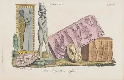 Oro Arpocrate, e Tifone, Africa Vol. I Tav.20 (Statues of the Egyptian God Horus, Harpocrates 1-4, Typhon or Set 5-8, and Vulture God Nekhbet 9.)