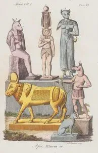 Apis Aelurus Ec., Africa Vol. I Tav.21 (Statues Of Egyptian Gods: Bull God Apis 1, Cat God Ailuros 2,4, and Jackal God Anubis 3,5,6.)