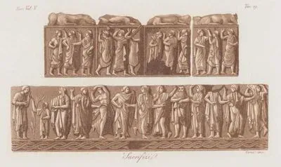 Sacrifizi, Eur. Vol V. Tav.19. (The Sacrifice Ceremony of the Ertuks with Sacrificial Animals, Male and Female Priests, Dancers, and Musicians Depicted on Reliefs on an Altar)