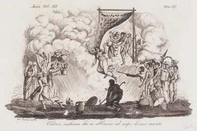 Vedova Indiana Che Si Abbrucia Col Corpo Di Suo Marito, Asia Vol. III Tav.30. (Indian Widow Burning Herself by Jumping (Or Throwing) into Her Dead Husband's Funeral (Sati or Suttee))
