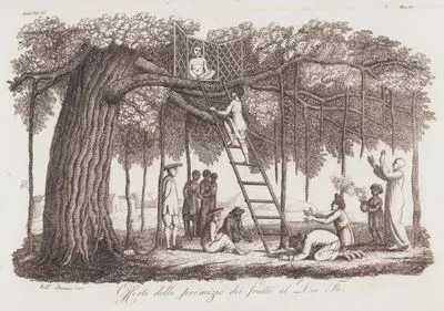 Offerte Delle Primizie Dei Frutti Al Dio Fo, Asia Vol. IV Tav.83. (Votive Offering by Worshipers to a Buddha Statue on a Banyan Tree, Vietnam)
