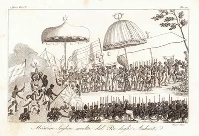 Missione inglese Accolta Dal re Degli Ashanti, Africa Vol.IV. Tav.70. (The King Of The Ashanti (Ghana) Welcomes An English Mission Led by Thomas Bowdich)