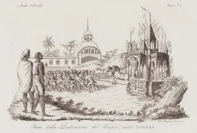 Festa Della Dedicazione Del Tempio Detta Tirunal, Asia Vol. III Tav.24 (Pulling of a Wheeled Temple Decorated with Flags at the Festival of the Temple Dedication for the Harvest Called Tirunal)