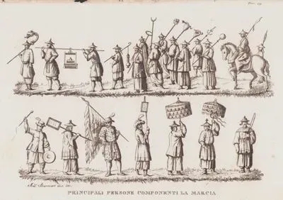 Principali Persone Componenti La Marcia, Tav.19. (Chinese Imperial Procession, Including Banner Bearers, Carved Wooden Badge Bearers, Cavalry, Musicians and
Umbrella Bearers)