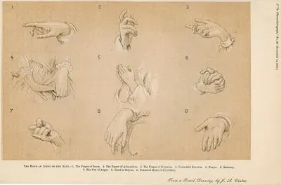 The Hand an Index Of The Mind-1.The Finger Of Scorn 2.The Finger Of Admonition 3.The Finger Of Direction 4.Controlled Emotion 5.Prayer 6.Entreaty 7.The First Of Anger 8.Hand in Repose 9.Extented Hand Of Friendship, From A Pencil Drawing By F.A.Vinter