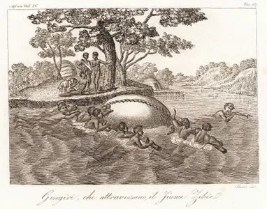 Gingiri, Che Attraversano il Fiume Zebee, Africa Vol.IV. Tav.67. (Men Of The Kingdom Of Gingiro Crossing The Gibe River (Zebee River) in Ethiopia With An inflated Cowskin)
