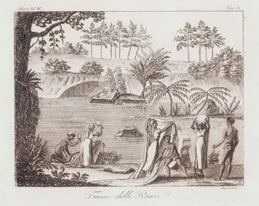 Fiume Delle Roccie, Africa Vol. IV. Tav.81 (Women Beating Clothes and Washing and Drying Fabric on Rocks in a River in Madagascar)