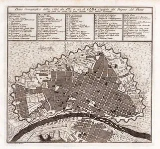 Piano Scenografico Della citte Dei Re, O Sia Di Lima Capitale Del Regno Del Peru, Tal Quale Era Prima Che Fosse Distrutta 
Dall'ultimo Terremoto (Depiction Map of Lima (King's City), the Capital of the Kingdom of Peru, Before Its Destruction in the Last Earthquake of 1746)