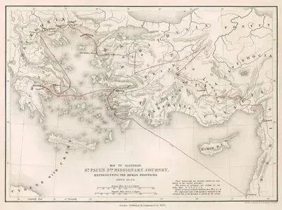 Map To İllustrate St. Paul's 2nd Missionary Journey Representing The Roman Provinces About 50 A.D.