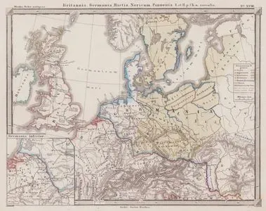 Britannia, Germania, Raetia, Noricum, Pannonia I. et II. p. Ch. n. Saeculis (The Borders of the Roman Empire in the 1st and 2nd Centuries AD and the Settlements of the Germanic Tribes (Britain, Germania, Raetia, Noricum and Pannonia)