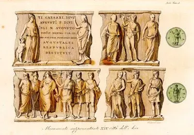 Monumento Rappresento XIV. Citta Dell' Asia, Asia Tav.5. (Monument With Allegorical Statues Representing 14 Ancient Cities of Asia, including Thenia, Magnesia, Philadelphea, Tmolus, Cyme, Temnos, Cybira, Myrina, Ephesos, Apollonidea, Hyrcania, Mostene, Aege And Hierocaesarea)
