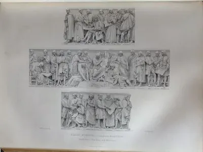 Albert Memorial-Sculptures Of The Podium, South Front-The Poets And Musicians-Auber,Mehul, Rameau, Lulli, Gretry, Josquin Des Pres, Rossini, Monteverde, Carissimi, Palestrina, Guido Darezzo, St.Ambrose, Corneille, Moliere, Cervantes, Virgil, Dante, Pythagoras, Homer, Chauger, Shakespeare, Wilton, Goethe, Schiller, Bach, Gluch, Handel, Mozart, Mendelssohn, Haydn, Weber, Beethoven, Tallis, Q.Gibbons, J.Awes, Purcell