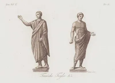 Tuniche Toghe & c., Eur. Vol V. Tav.31. (Ancient Etruscan Statues-Men Wearing Togas, Tunics, Zari (Shoes))