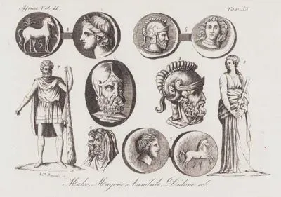 Malco, Magone, Annibale, Didone ec., Africa Vol.II. Tav.58. (Statues and Medals of Kings and Queens of Carthage, Hannibal in Battle Helmet (1), Helmet (2), Medals (3,4,5,6), Malchus With Huge Cudgel (7) and Queen of Carthage Dido (8))