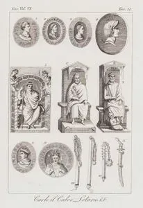 Carlo il Calvo, Lotario &c., Eur. Vol VI. Tav.11. (Stateus Of Holy Roman Emperors Charles II (Charles the Bald) and Lothair I, Medals and Maces)