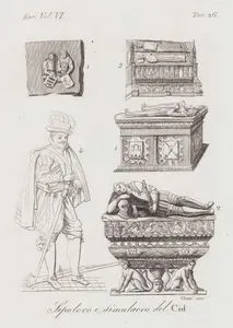 Sepolcro e Simulacro del Cid., Eur. Vol VI. Tav.26. (Tomb and Effigy of Rodrigo Díaz de Vivar El Cid Campeador and His Wife Jimena Diaz (1), Duke of Cardona (2), King of Aragon (3) and Portrait of Conquistador Hernan Cortes (4))