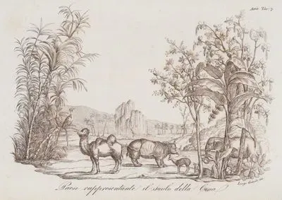 Paese Rappresentante il Suolo Della Bina, Asia Tav.7. (Fauna and Flora of Asia, Elephant, Rhinoceros, Camel, Deer and Bamboo)