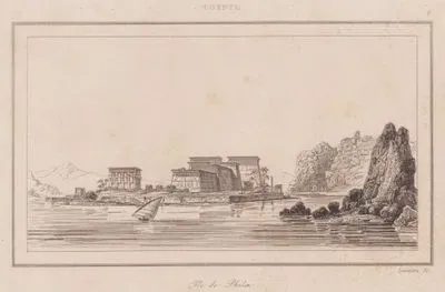 Ile de Philae, Egypte (The Natural Silhouette of Philae Island, one of the Most Sacred Islands on the Nile River, and the Temple of Isis on it, Before the Dam was Built, in Ancient Egypt)