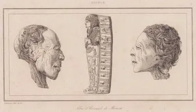 Tetes et Cercueil de Momies. Egypte (Two Mummy Heads and a Decorated Sarcophagus with Detailed iconographic Panels, Ancient Egypt)