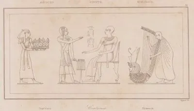 Costumes, Egypte - Trachten, Aegypten (Egyptian Costumes, a Votive Offering Official, a Seated Nobleman, and a Musician Playing the Harp, Ancient Egypt)