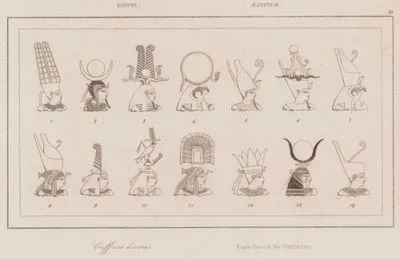 Coiffures Divines, Egypte - Kopfschmuck der Gottheiten, Aegypten (Headdresses and Crowns of Ancient Egyptian Gods and Goddesses 1. Atef Crown 2. Hathor's Crown 3. Amun's Crown 4. Sun Disc and Cobra 5. Upper Egyptian Crown 6. Variant of the Upper Egyptian Crown 7. Falcon Head and Crown 8. Double Crown 9. Lower Egyptian Crown (Red Crown) 10. Nemes Headdress and Sacred Bird 11. Seshat Crown 12. Min's Crown 13. Hathor or Isis Crown 14. Simple Form of the Lower Egyptian Red Crown