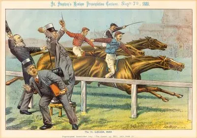 The St.Leger, 1889, Unprincipled Bookmaker (Loq.) "The Game's Up, Bill, Let's Hook it"-St.Stephens' Review 
Presentation Cartoon, Sept. 7 1889