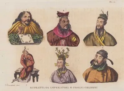 Ritratti Di Imperatori E Uomini Celebri, Tav.11. (Portraits Of Chinese Emperors And Famous Men, Ruler God Fo-hi (1), Philosopher Confucius (2), The Founder of The Qin Dynasty and Bookburner Qin Shi Huang (3), Writer Fo-chen (4), Emperor Wu Zetian(5) and Emperor Taizong, Founder of the Dynasty Tang (6))