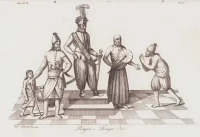 Ragia-Singa & c., Asia Vol. IV. Tav.65. (King Rajasinha II of Kandy, Tirinanxy or Chief Priest, Noble Man and Peasant)