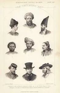 Ethnology, Races Of Men-Caucasian, 1.Georgian 2.Jew Of Mordok 3.Persian 4.Sonthal, One Of The Native Races Of india 5.Mahratta Of The Deccan 6.Greek Officer Of Nauplia 7.Russian 8.Pomeranian 9.Spaniard Plate LXIV.
