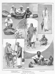 Sketches in Singapore-1.Cake Sellers From Madras 2.Hindoo Money Lender From Madras 3.Madras Beggar Woman And Children 4.Chinese Sugar Cane Seller With Coolie Customers 5.Performing Monkeys