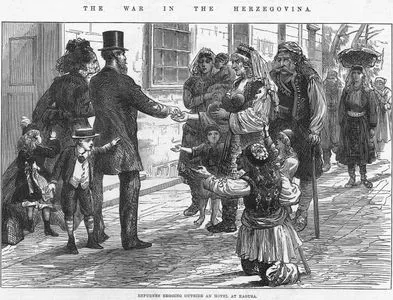 The War İn The Herzegovina, Refugees Begging Outside An Hotel At Ragusa